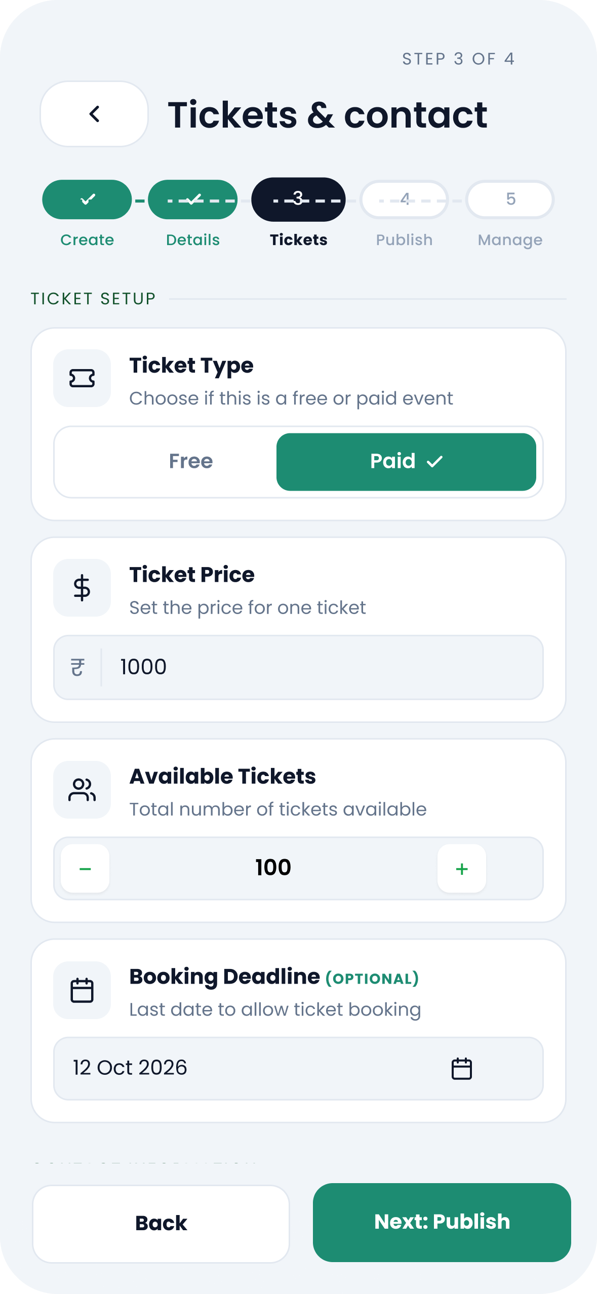 Ticket and pricing screen